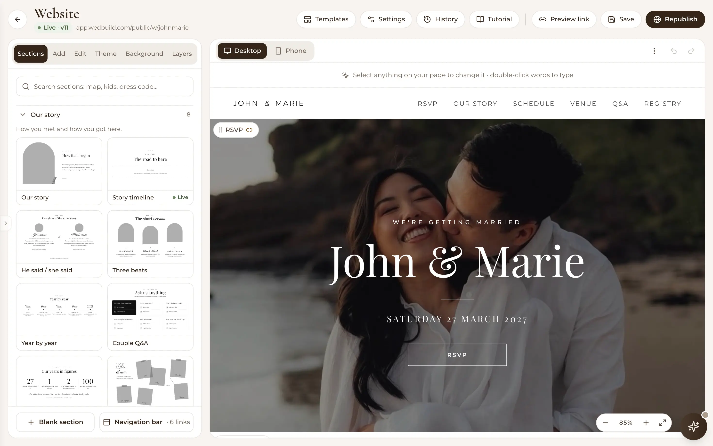 The website editor's Our story designs (an arch photo, a timeline, he said and she said, year by year), each drawn in the couple's theme