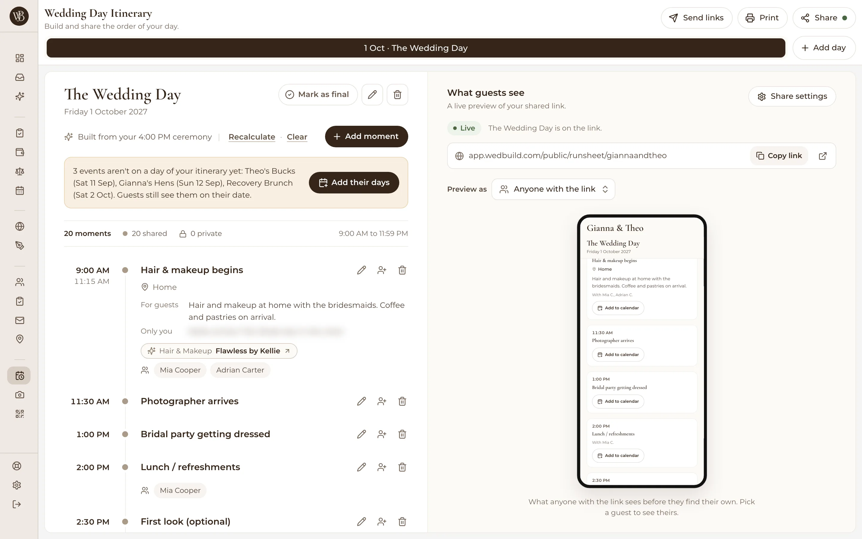 The Wedding Day Itinerary page on a laptop: The Wedding Day built from a 4:00 PM ceremony, 20 moments from hair and makeup at 9:00 AM, and a What guests see preview of the shared link