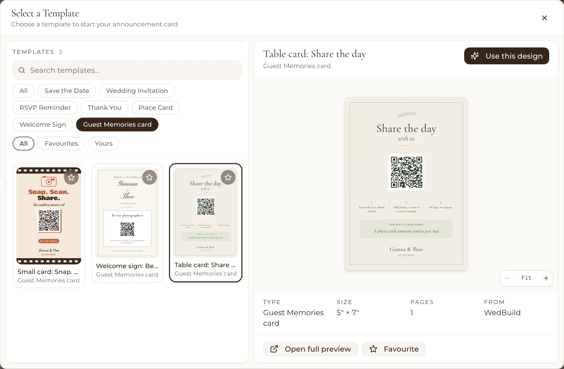Studio's template picker with the three Guest Memories cards: a small card, a welcome sign and a table card, each with its QR code, made out for Gianna and Theo, 01/10/2027