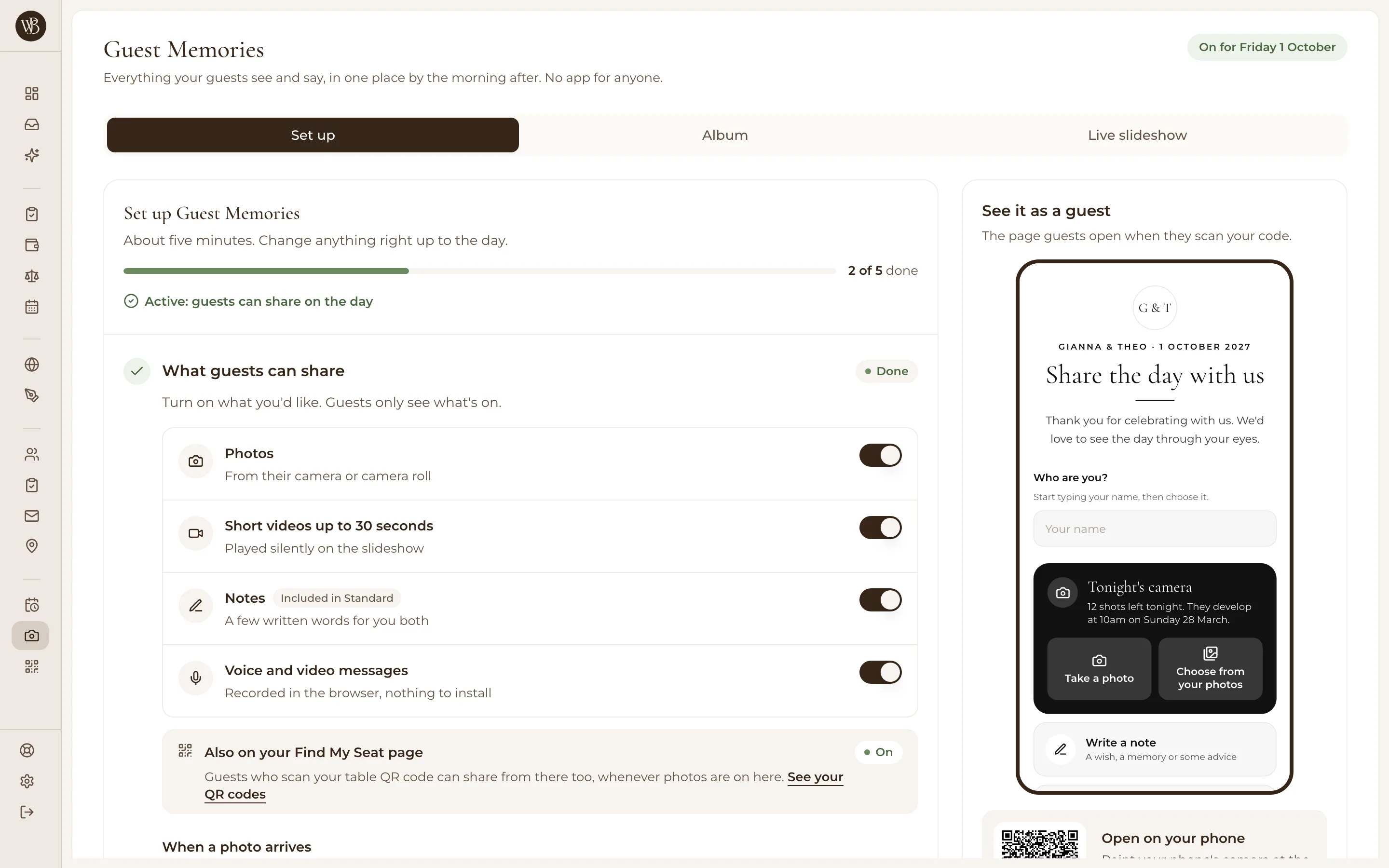 WedBuild's Guest Memories setup, 2 of 5 steps done: switches for photos, short videos up to 30 seconds, notes, and voice and video messages, beside a preview of the page guests see when they scan