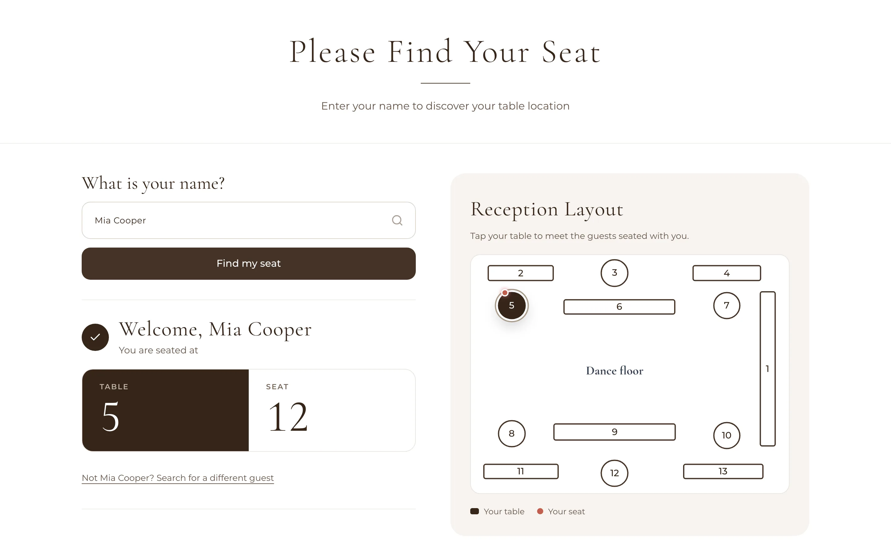 Find My Seat on a computer: Welcome, Mia Cooper, seated at table 5, seat 12, beside the reception layout with table 5 and her seat marked