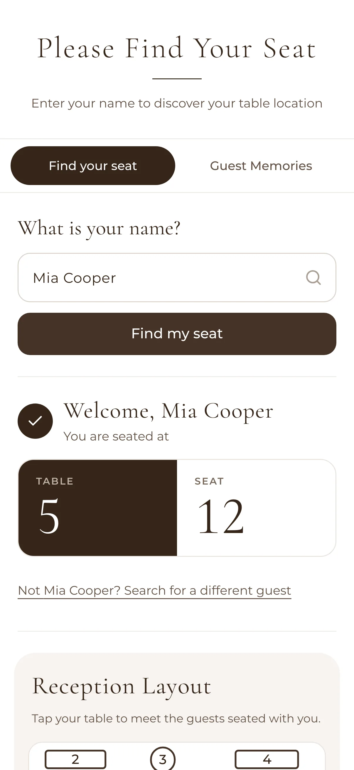 Find My Seat on a guest's phone: Welcome, Mia Cooper, you are seated at table 5, seat 12, with the reception layout below