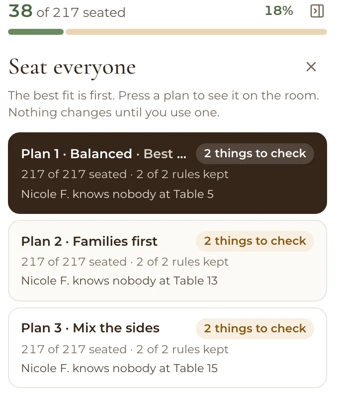 Seat everyone's three plans: Plan 1 Balanced, Plan 2 Families first and Plan 3 Mix the sides, each with 217 of 217 seated, 2 of 2 rules kept and 2 things to check