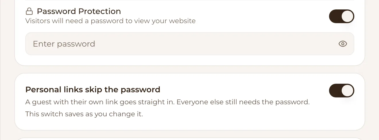 Password Protection switched on with a box to enter the password, and Personal links skip the password switched on: a guest with their own link goes straight in, everyone else still needs the password