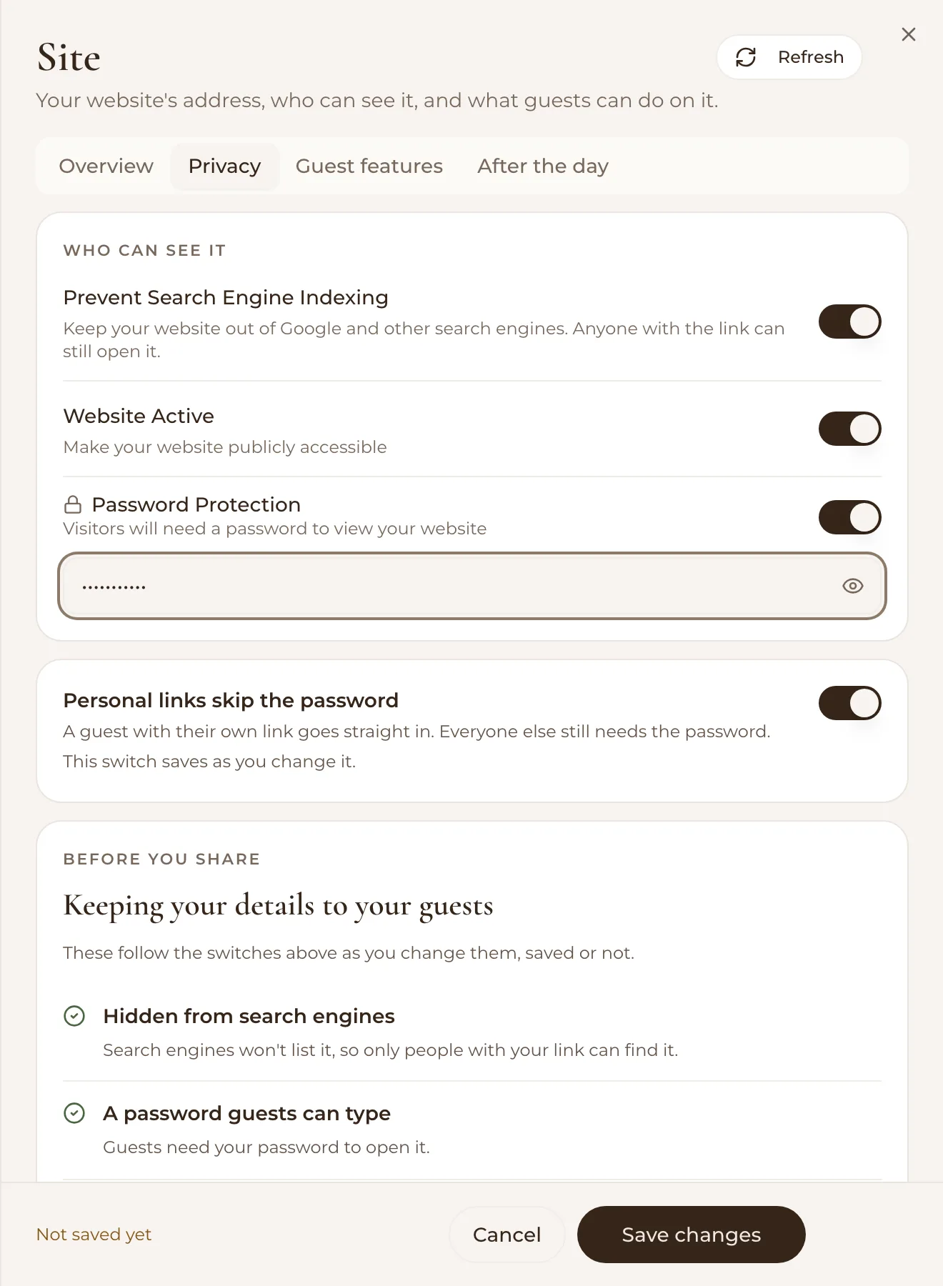 The Site panel's Privacy tab: Prevent Search Engine Indexing, Website Active and Password Protection switched on with a password typed in, Personal links skip the password switched on, and Before you share, Keeping your details to your guests, with Hidden from search engines and A password guests can type both ticked