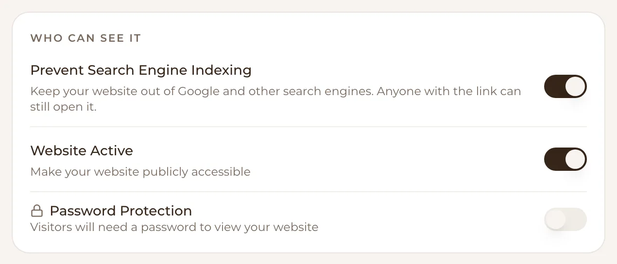 Who can see it: Prevent Search Engine Indexing switched on (keep your website out of Google and other search engines, anyone with the link can still open it), Website Active switched on and Password Protection switched off