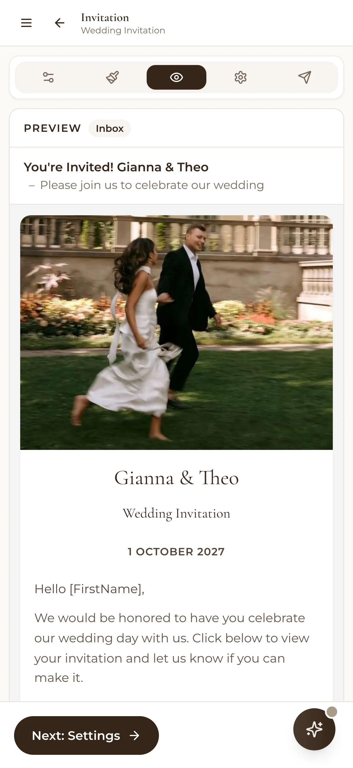 Previewing an invitation email on a phone: You're Invited! Gianna & Theo, with their photo and the date, 1 October 2027