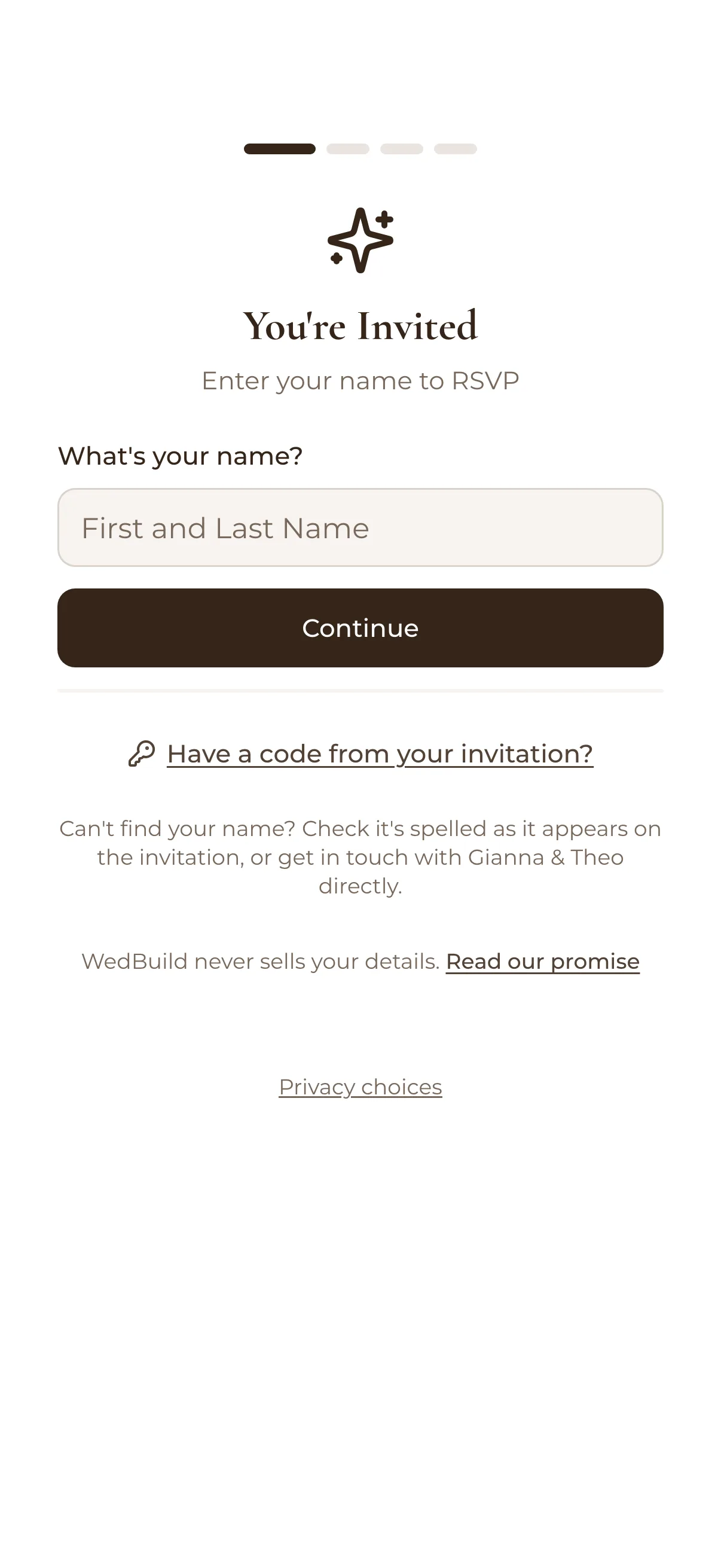 A guest's RSVP screen on a phone: You're invited, what's your name?