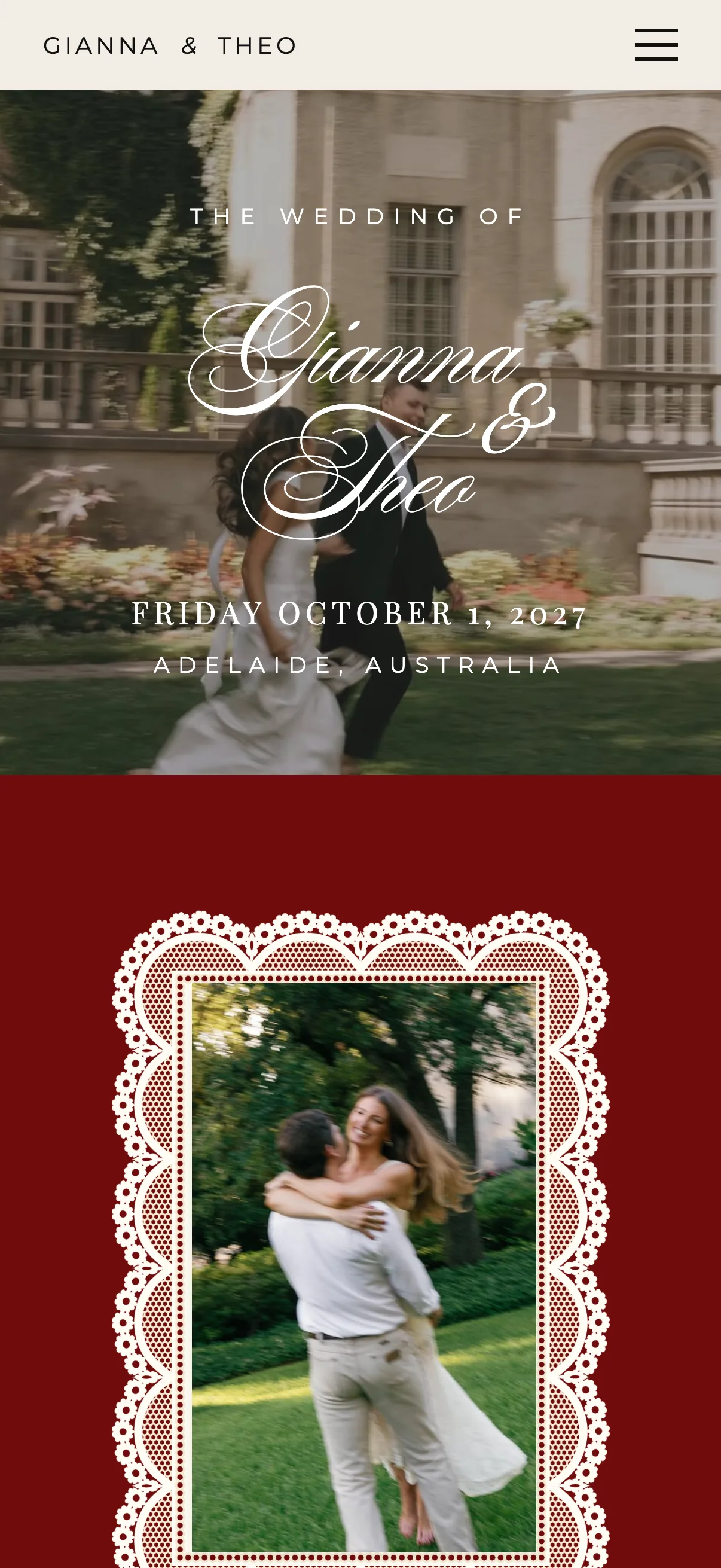 Gianna and Theo's wedding website on a phone: their names over a photo of them, Friday 1 October 2027, Adelaide