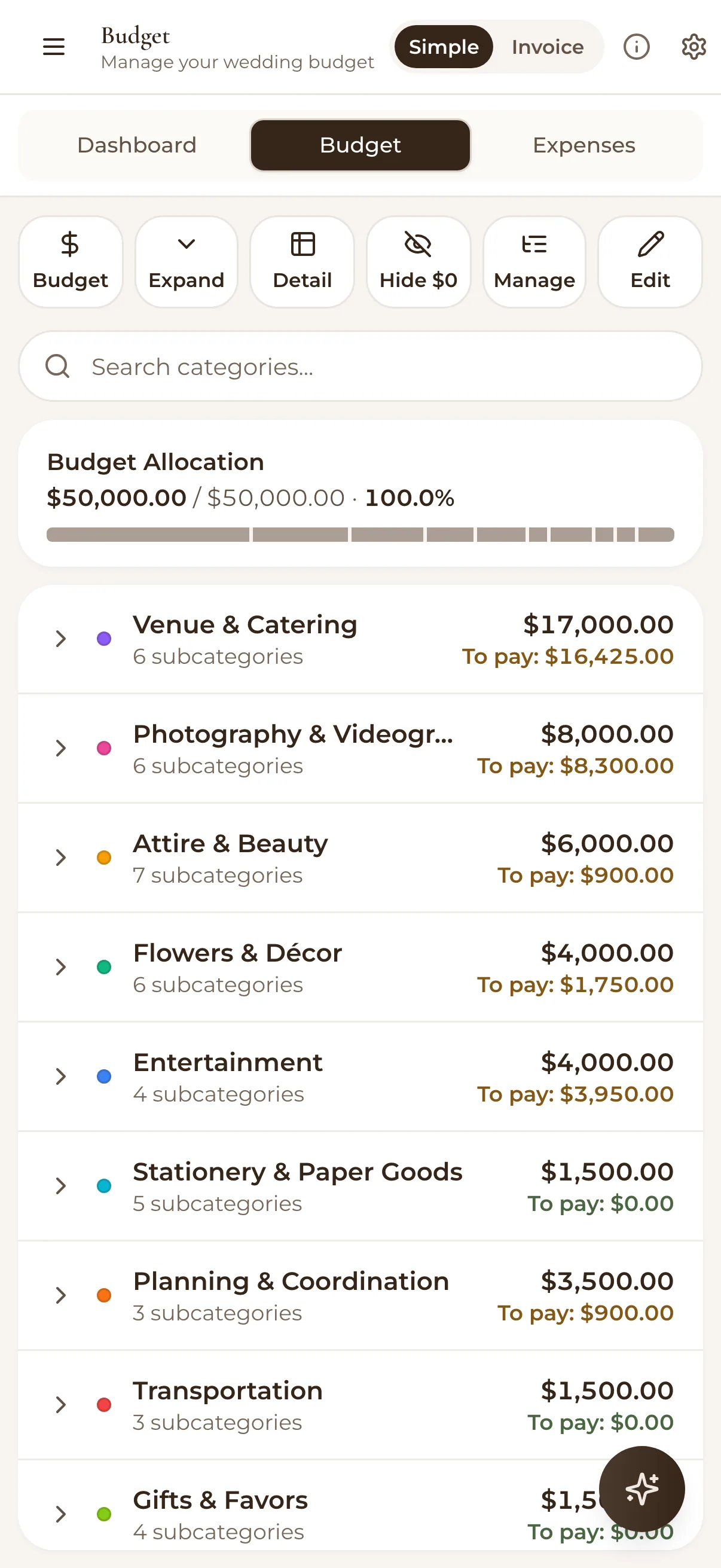 WedBuild's budget on a phone: a $50,000 allocation split across categories, each with what's still to pay