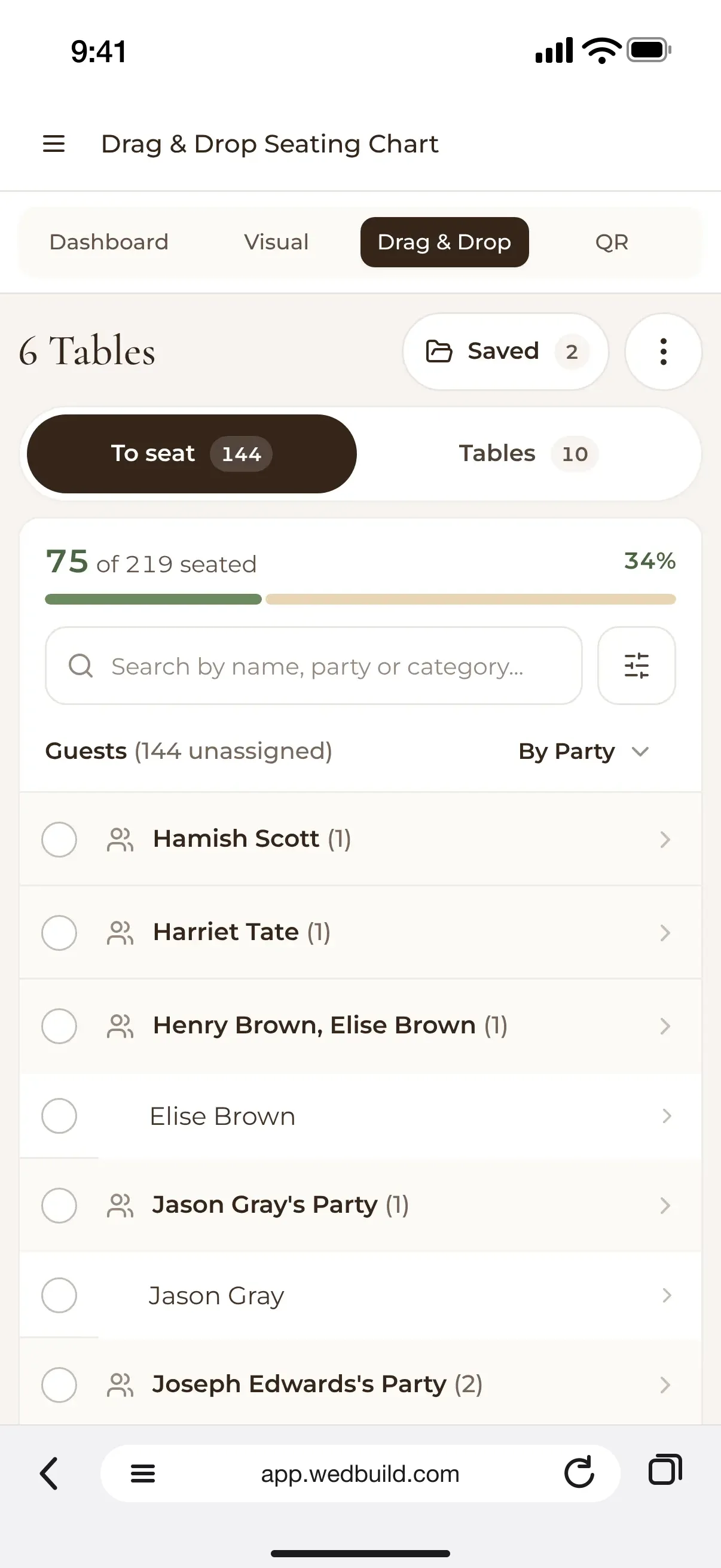 A table plan on a phone: 6 Tables, 75 of 219 guests seated, and the 144 still to seat listed by party