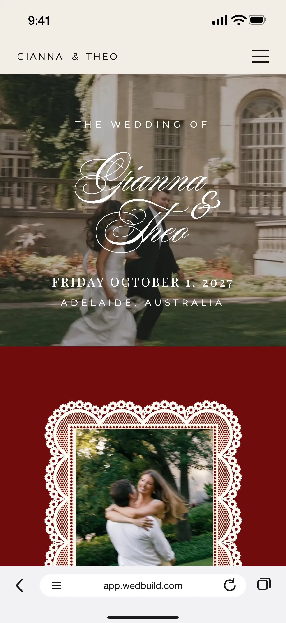 Gianna and Theo's wedding website on a guest's phone, opened from a personal link: The wedding of Gianna and Theo over a photo of the couple, Friday October 1, 2027, Adelaide, Australia, and a bar reading Hello, Jessica with Your reply