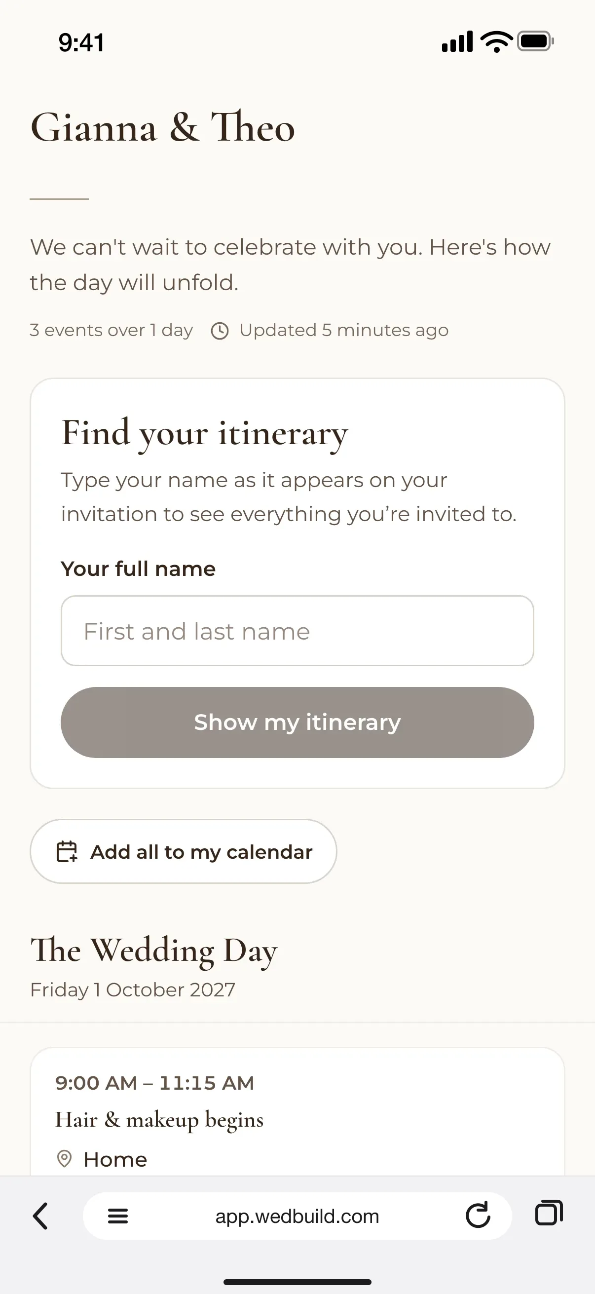 Gianna and Theo's wedding day itinerary on a guest's phone: find your itinerary by name, then The Wedding Day, Friday 1 October 2027, from hair and makeup at 9am
