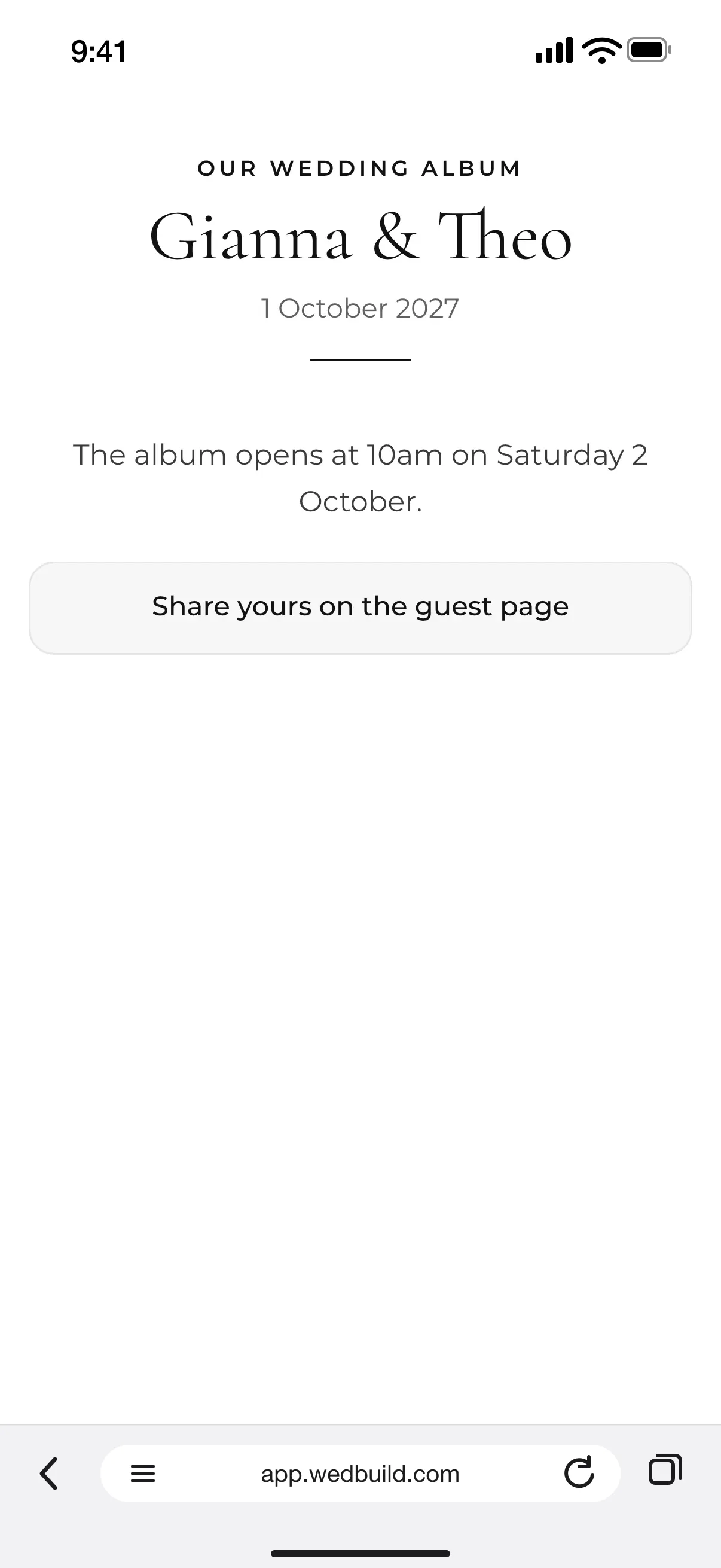 The guests' wedding album for Gianna & Theo on a phone, with the time it opens and a button to share yours on the guest page