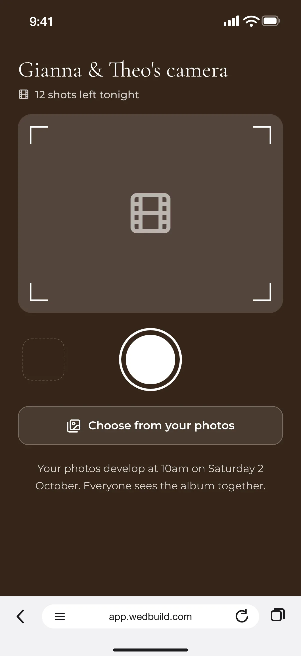 Tonight's camera on a guest's phone, with 12 shots left tonight, a shutter button and Choose from your photos