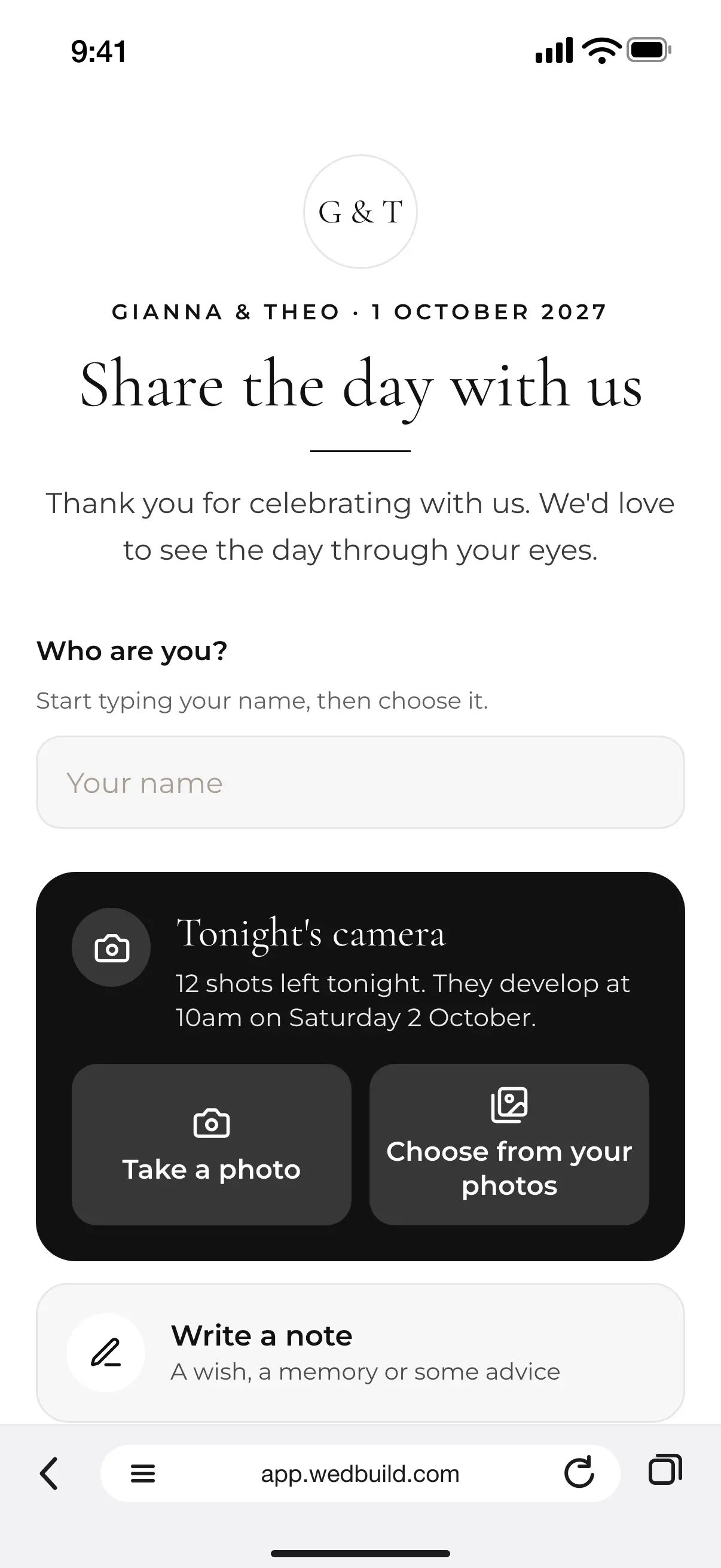 The page guests open when they scan: Share the day with us, a Who are you? name box, Tonight's camera with Take a photo and Choose from your photos, and Write a note