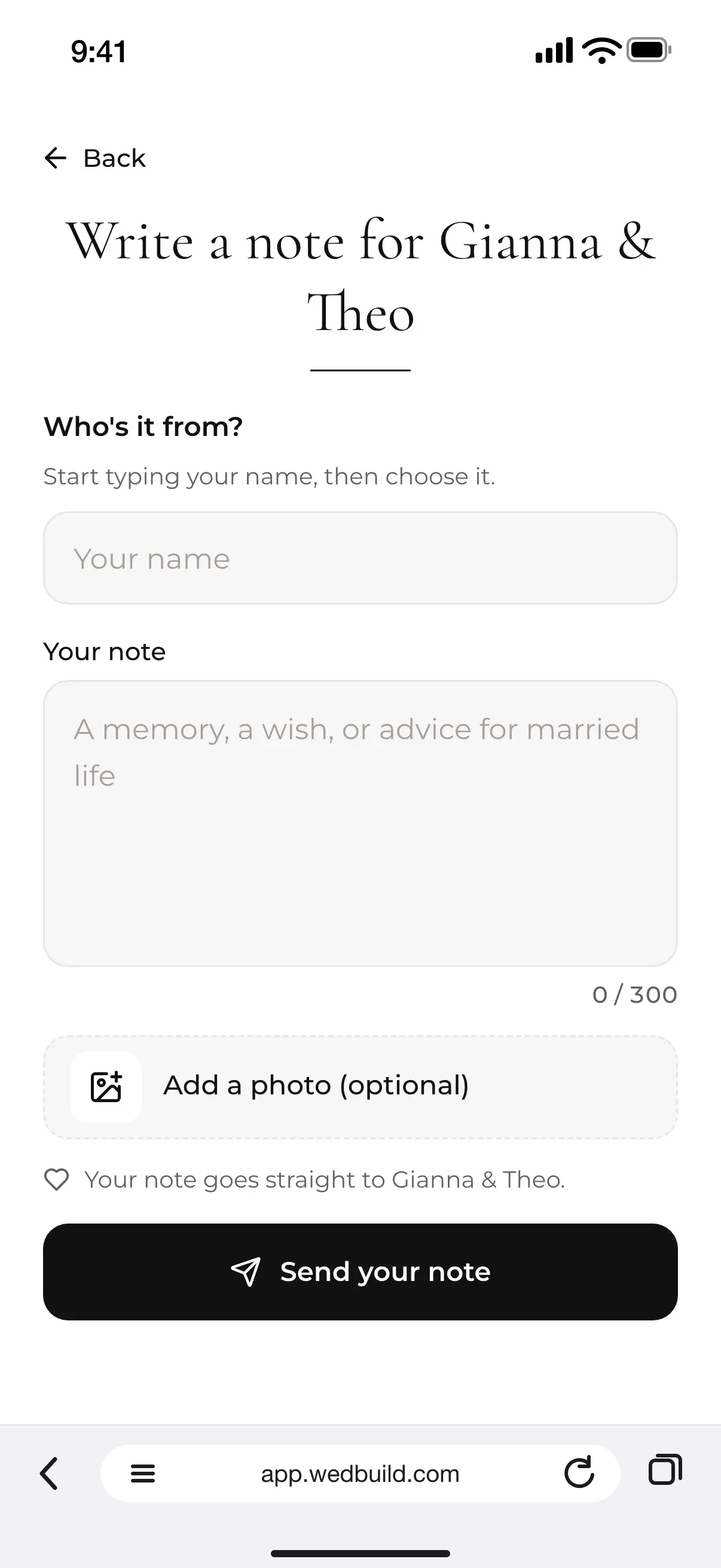 Write a note for Gianna & Theo on a guest's phone: Who's it from? with a name box, Your note, Add a photo (optional), and a Send your note button