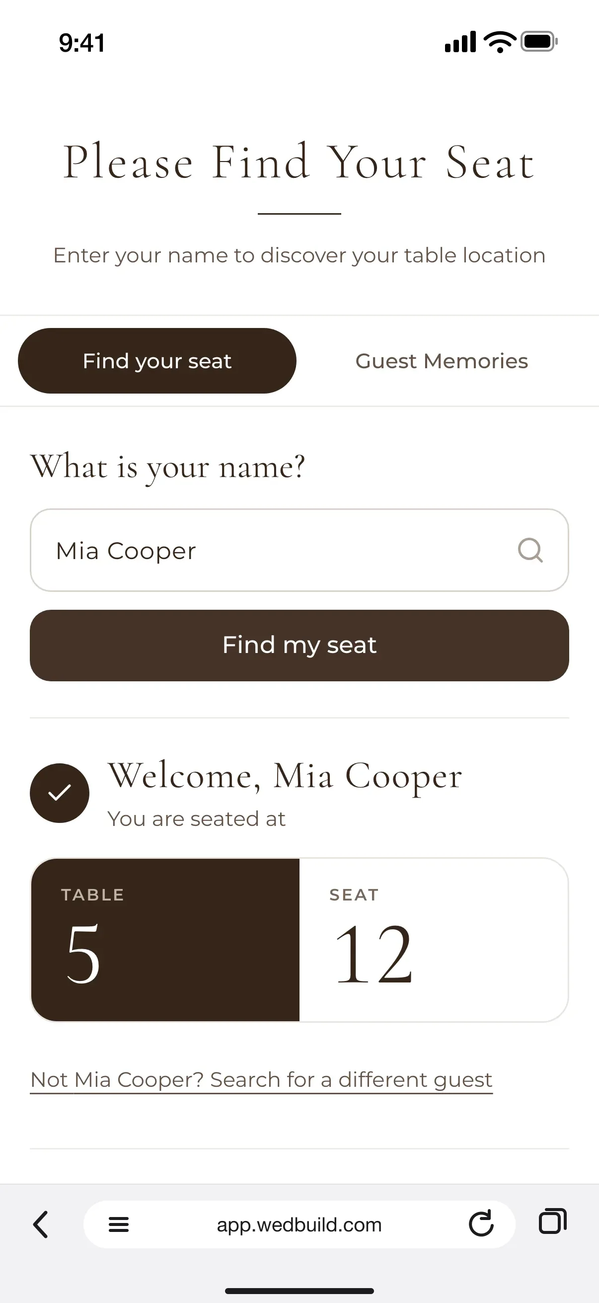 Find My Seat on a guest's phone: Welcome, Mia Cooper, you are seated at table 5, seat 12, with the reception layout below
