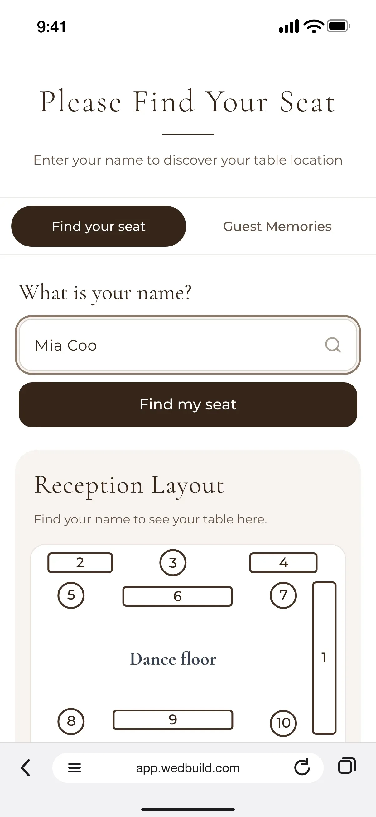 Find My Seat on a guest's phone: Please find your seat, a name being typed, and the reception layout of tables around the dance floor