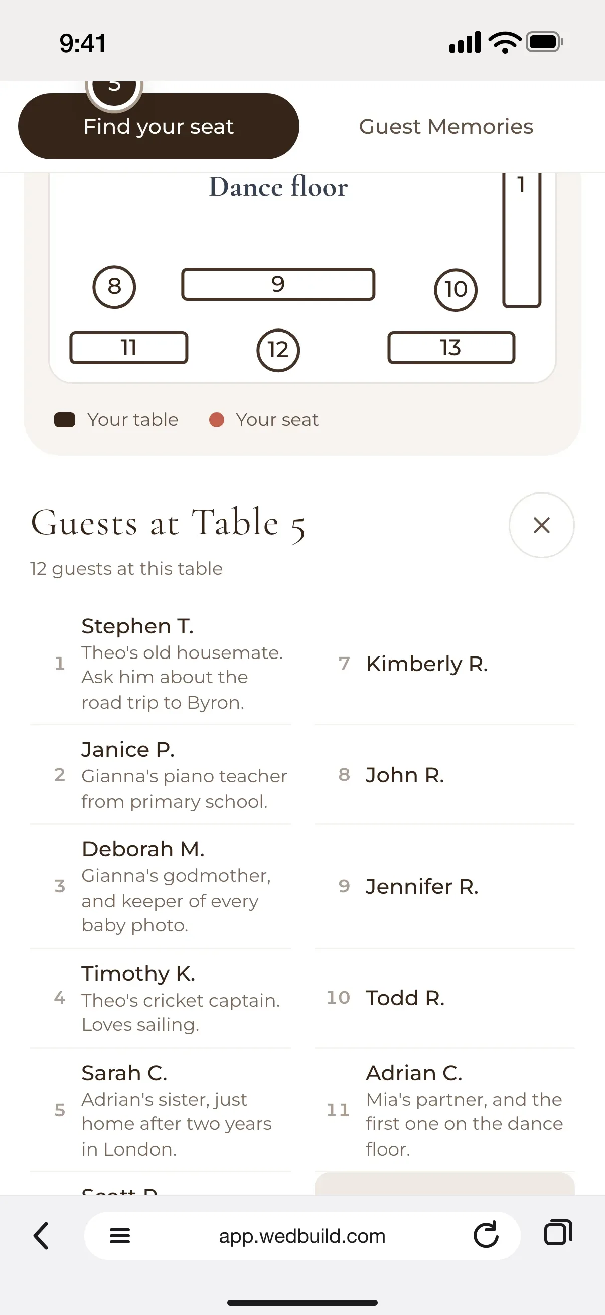 Find My Seat on a guest's phone: the guests at table 5, each with a line from the couple, like Theo's old housemate and Gianna's piano teacher, with Mia Cooper marked You