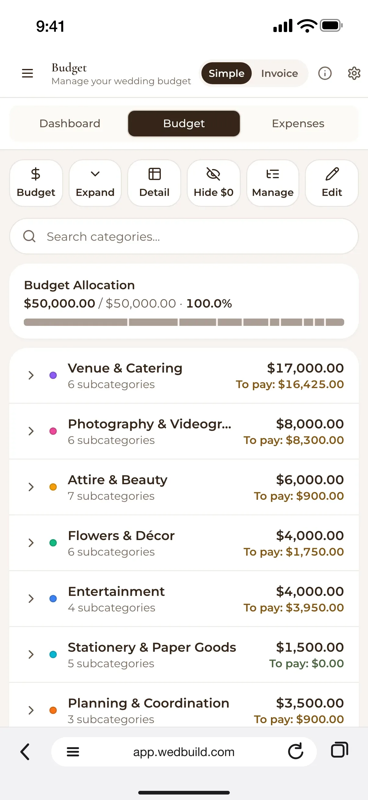 The budget on a phone: $50,000 allocated by category, from venue and catering to flowers, each with what's still to pay