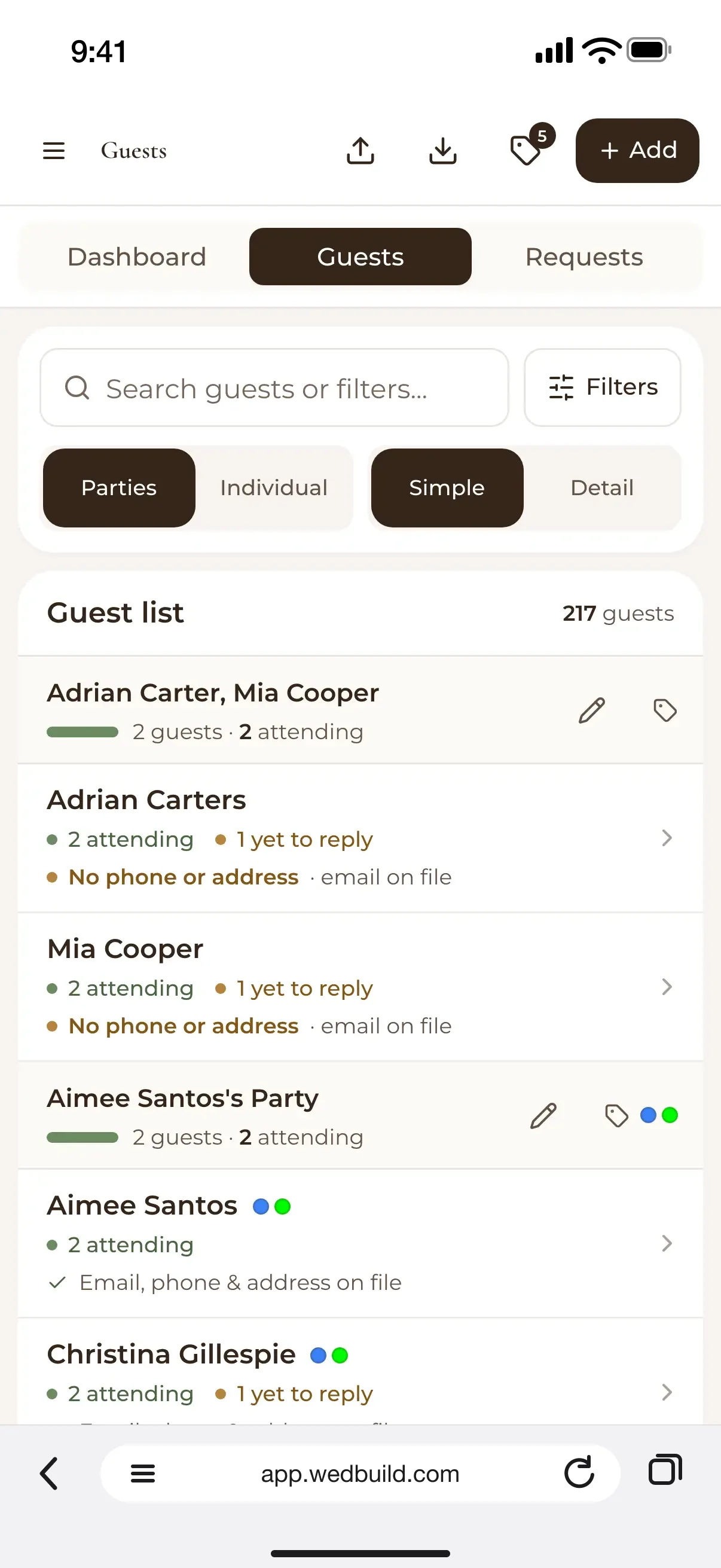 The guest list on a phone: 217 guests grouped into parties, showing who's attending and who has yet to reply