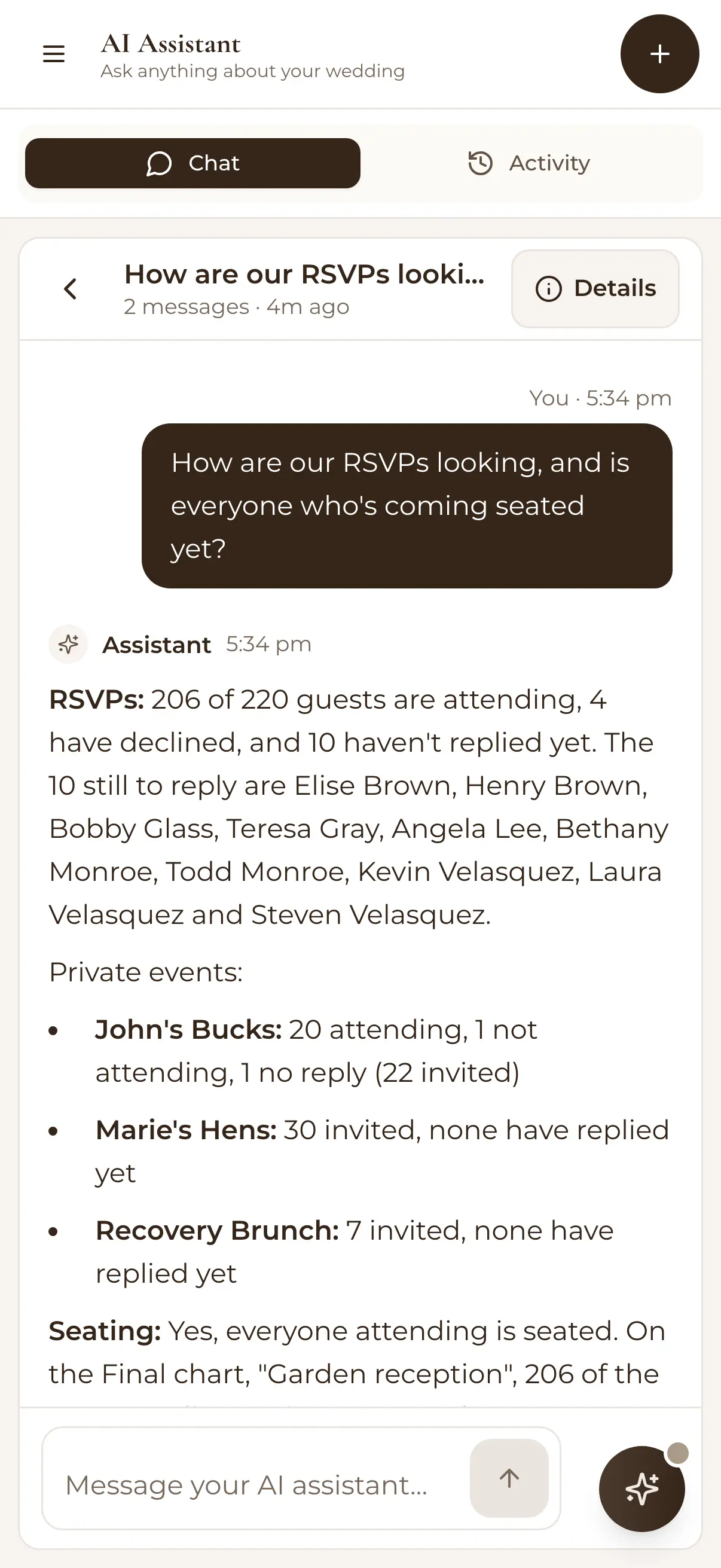 The AI Assistant on a phone answering 'How are our RSVPs looking, and is everyone who's coming seated?' with the couple's own numbers and the names still to reply