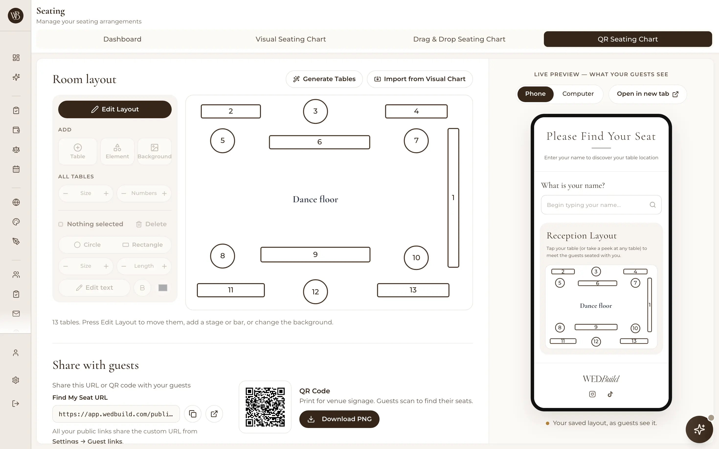 The QR seating chart on a laptop: the room layout with 13 tables around the dance floor, a live preview of what guests see on a phone, and the QR code with a Download PNG button