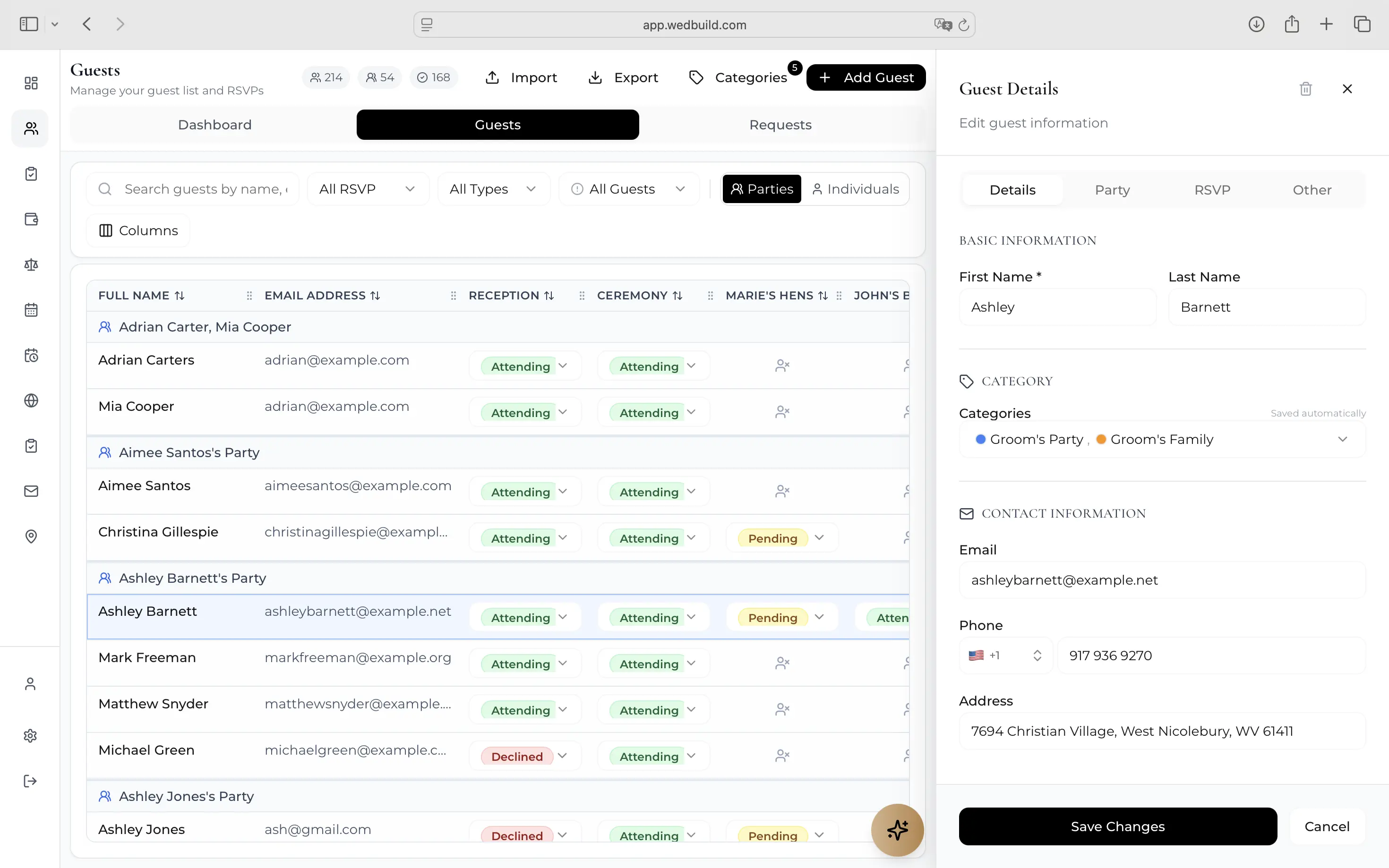 WedBuild guest list with a guest details panel open — parties, per-event RSVP columns, categories and contact fields side by side