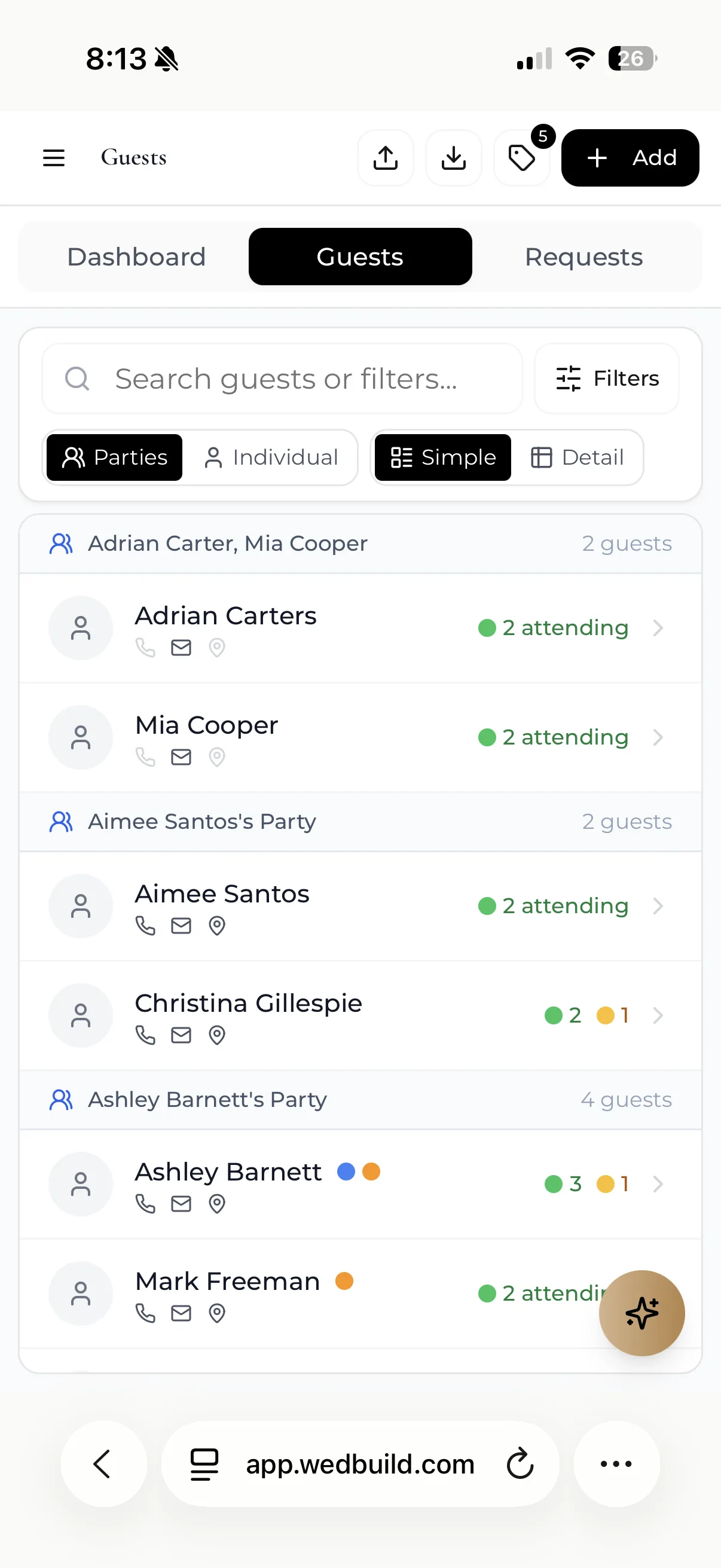 Guest List shown on a phone in WedBuild
