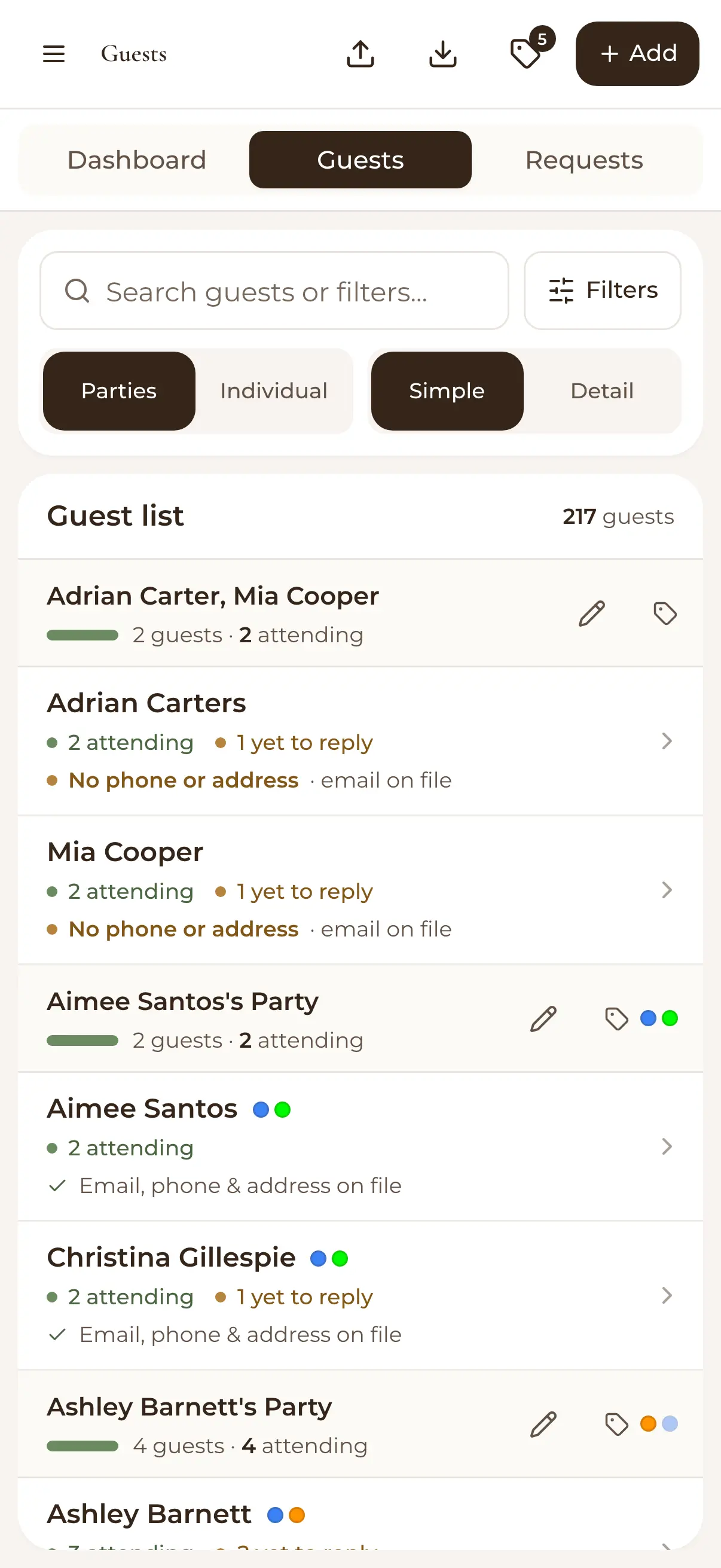 The guest list on a phone: guests grouped into parties, showing who's attending and who has yet to reply