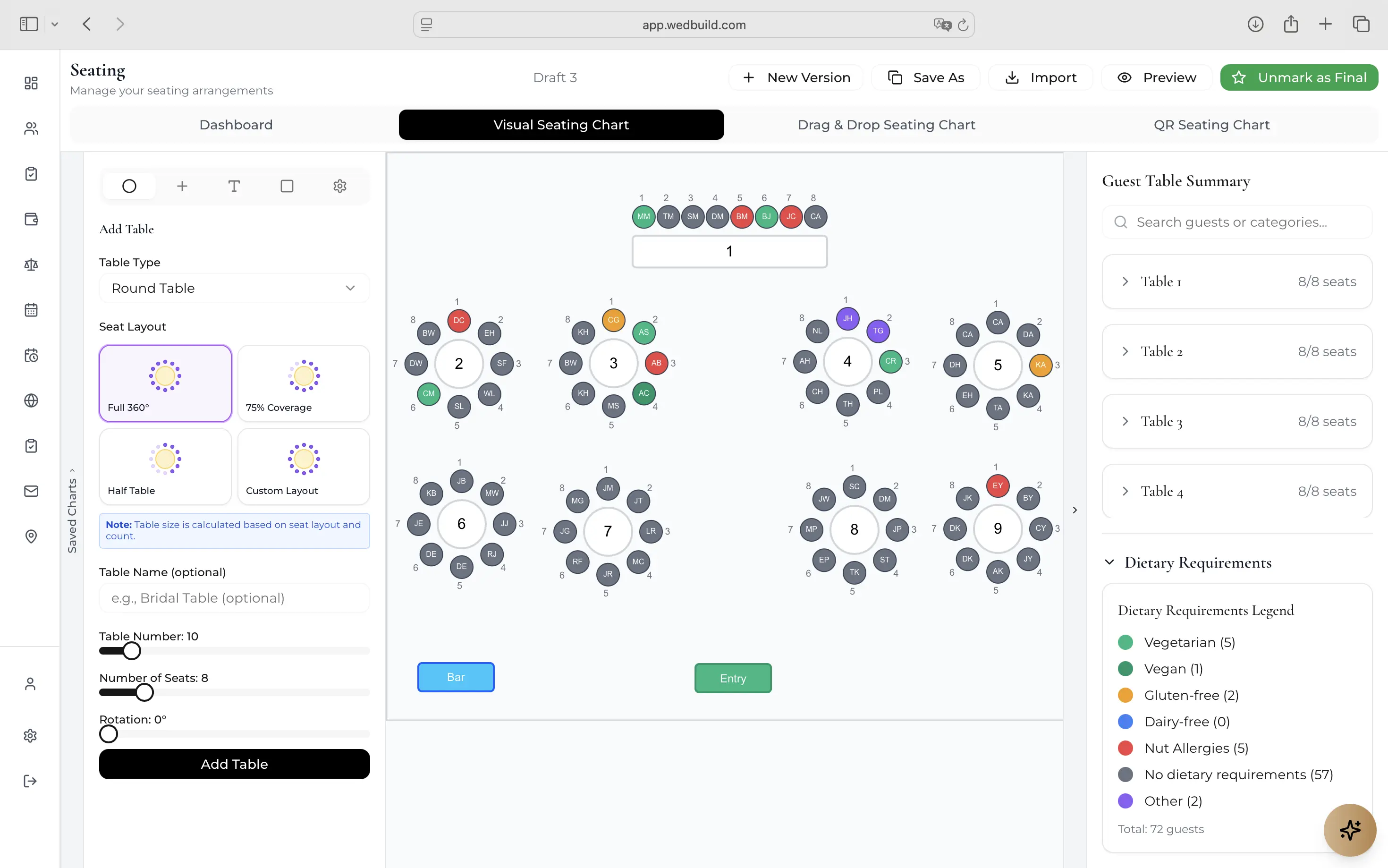 Wedding seating chart app with visual table layout