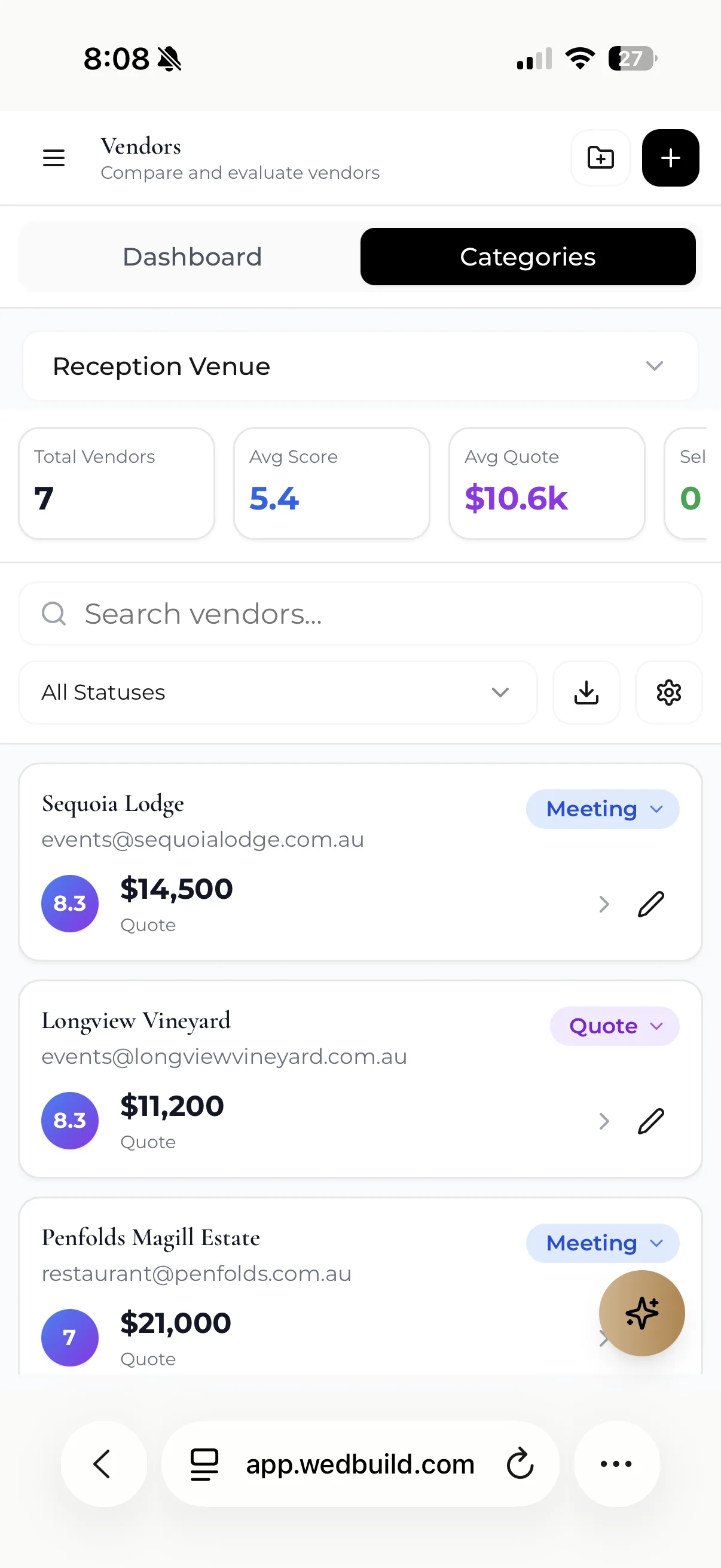 Vendor Comparison shown on a phone in WedBuild