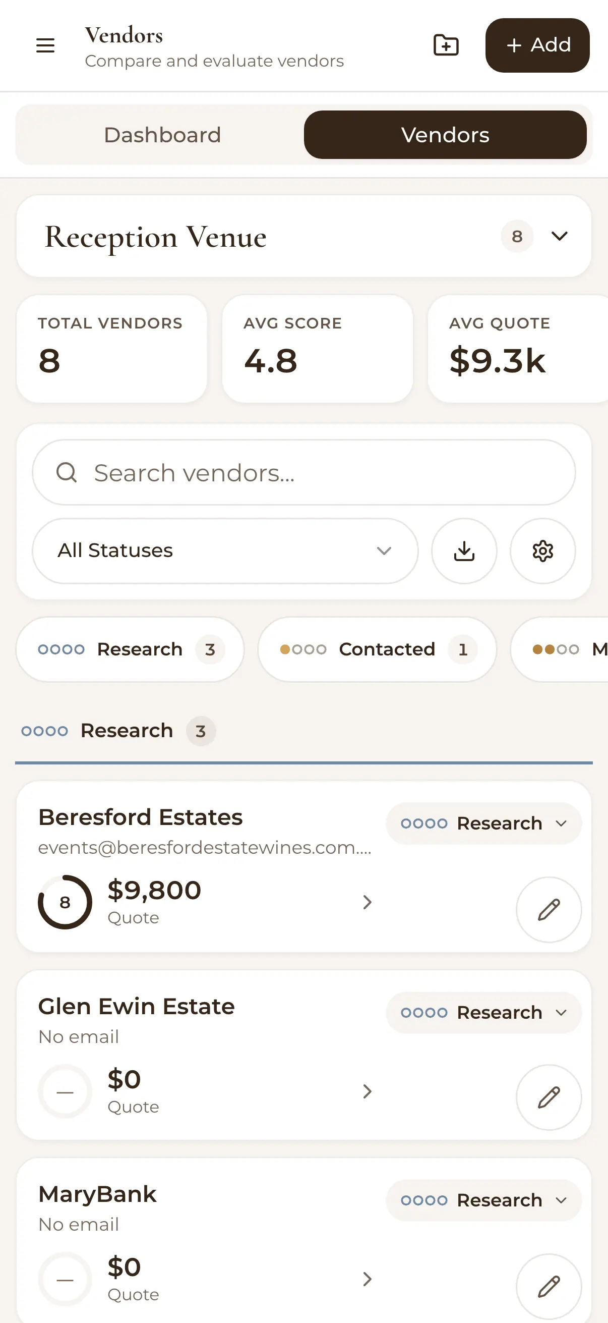 Reception venues on a phone: 8 vendors with their average score and quote, grouped by status from Research to Contacted