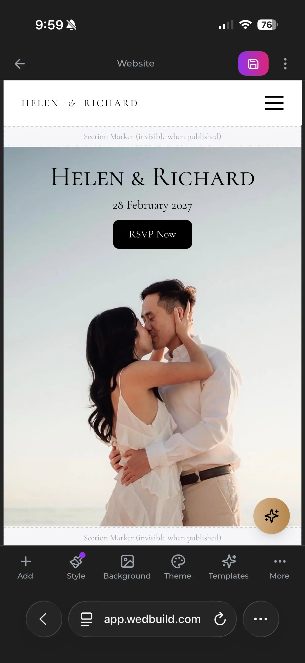 Wedding Website shown on a phone in WedBuild