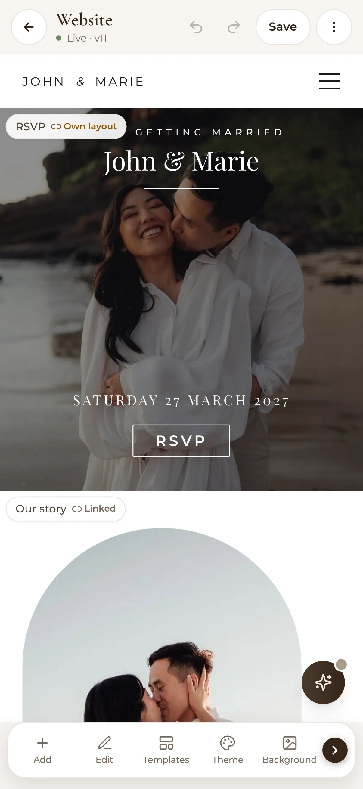 Editing John and Marie's wedding website on a phone: a full-bleed photo, Saturday 27 March 2027 and an RSVP button, with Add, Edit, Templates and Theme tools below