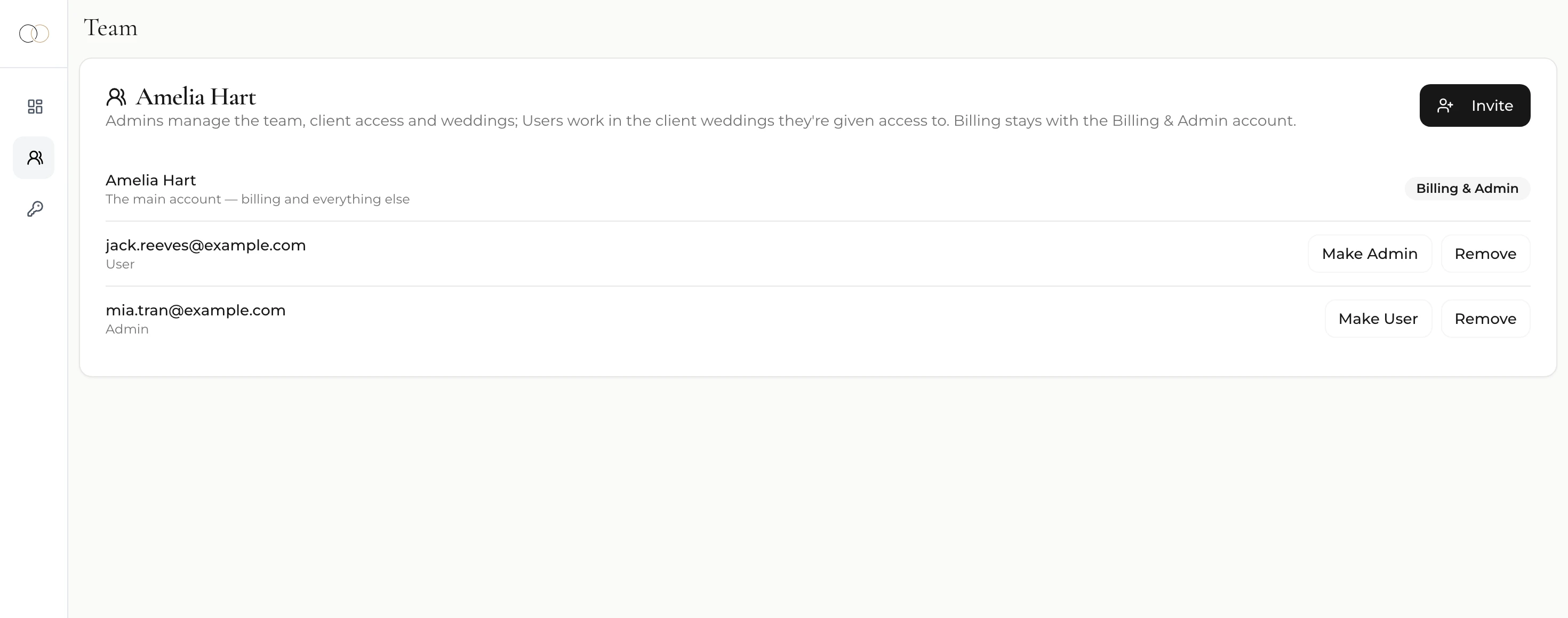The Team page: Amelia Hart as the Billing & Admin account with an Admin and a User teammate