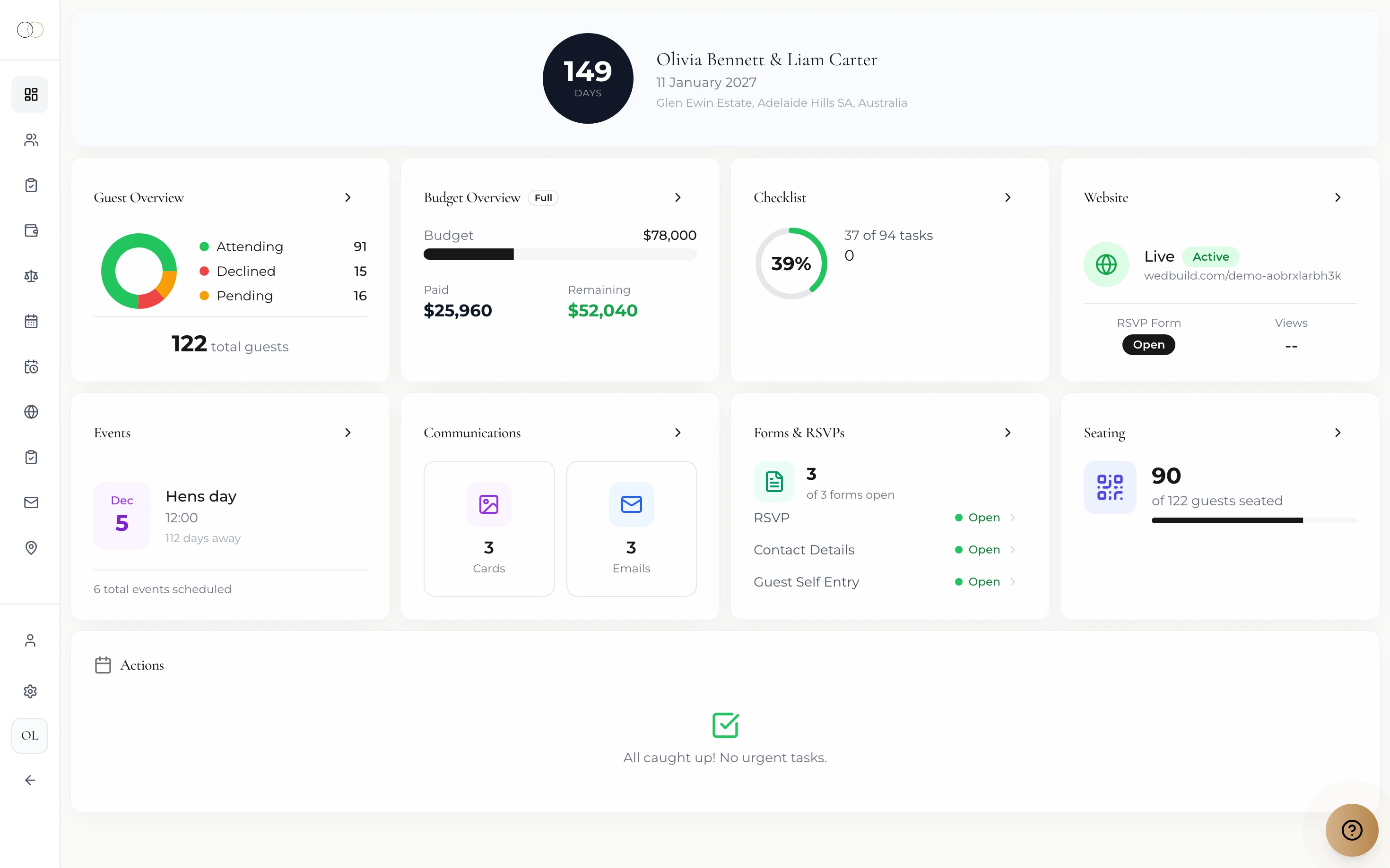 Inside a client wedding: the full WedBuild dashboard with countdown, guests, budget, checklist and seating